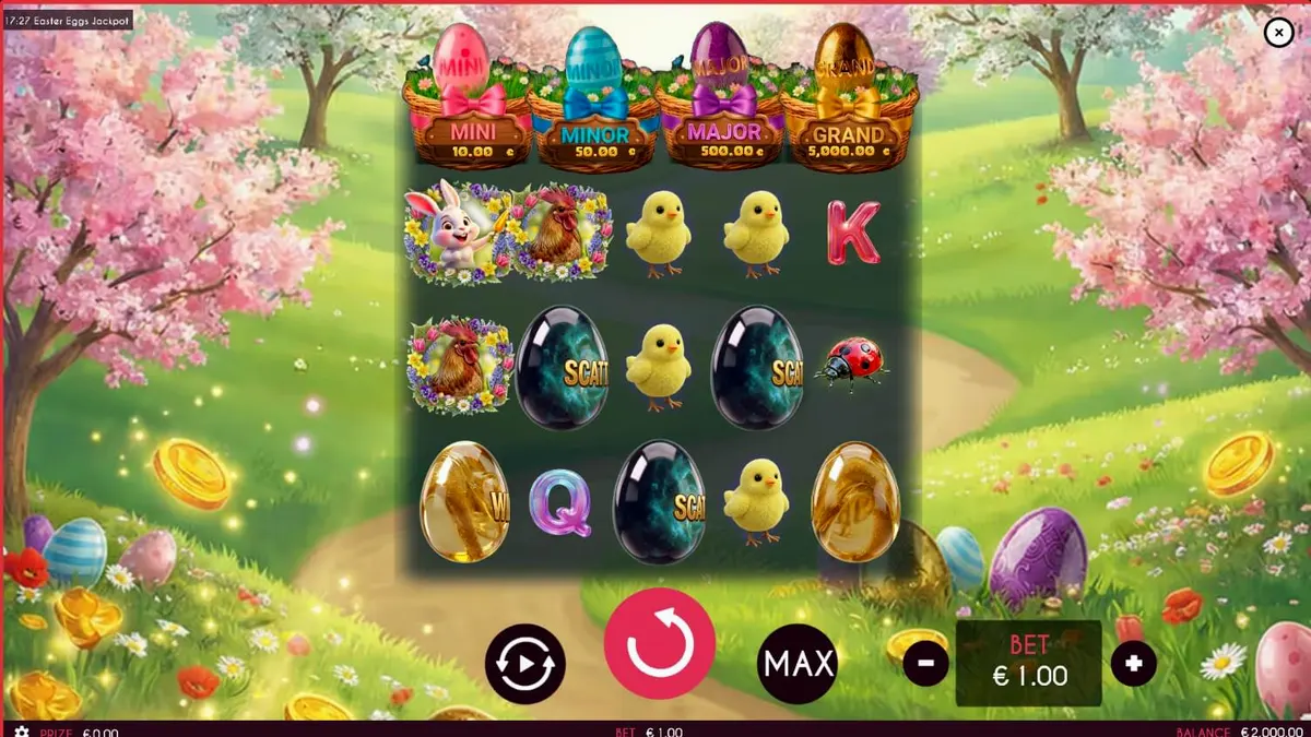 Tampilan visual slot Easter Eggs Jackpot dengan tema musim semi yang cerah