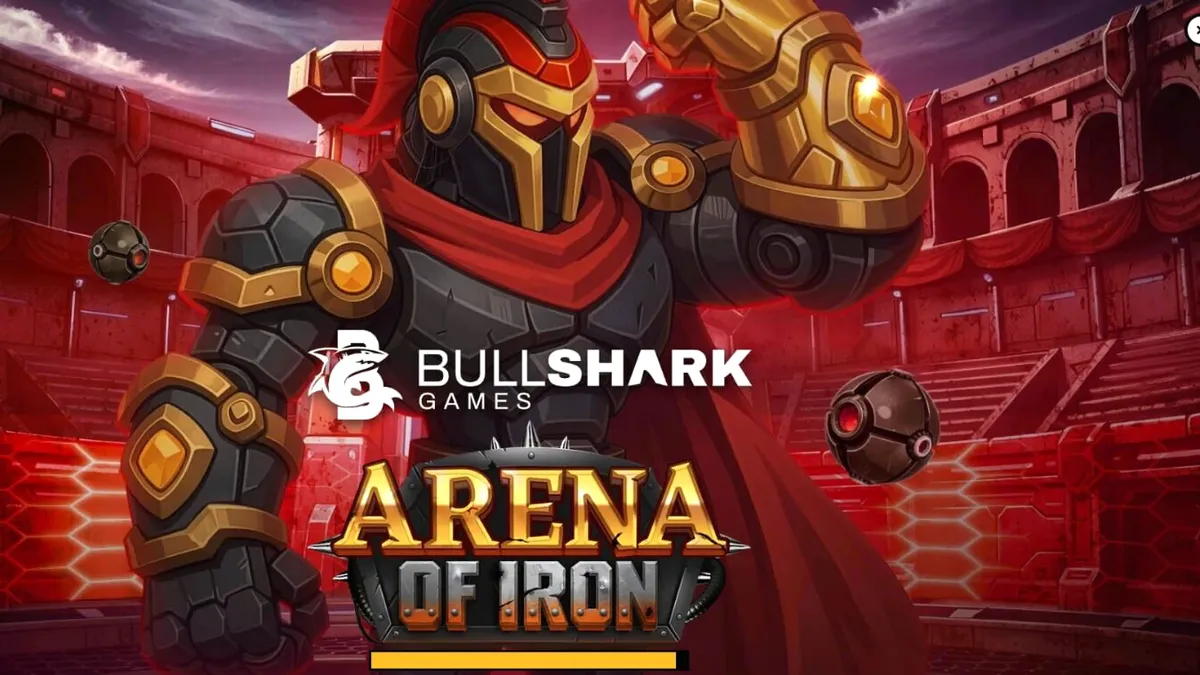 Tampilan visual arena pertempuran robot futuristik dalam slot Arena of Iron
