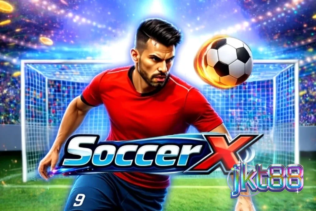Tampilan antarmuka permainan slot SoccerX yang menampilkan lapangan sepak bola dan tangga pengganda.